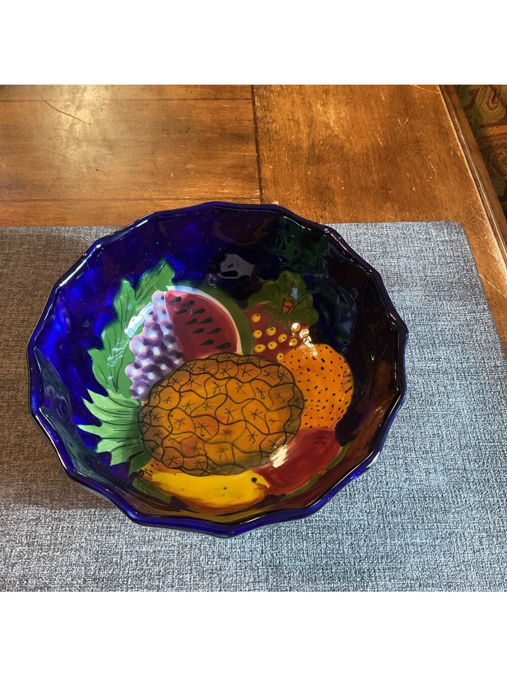 Talavara Mexican Pottery Cobalt Scalloped Serving Bowl Summer Fruits Lead Free